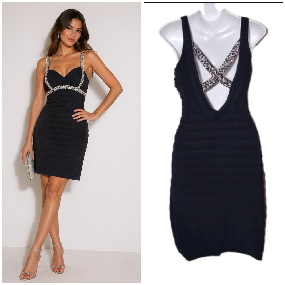 Betsy & Adam Cocktail Dress Size 4 Navy Rhinestones Cowl Back Prom Homecoming